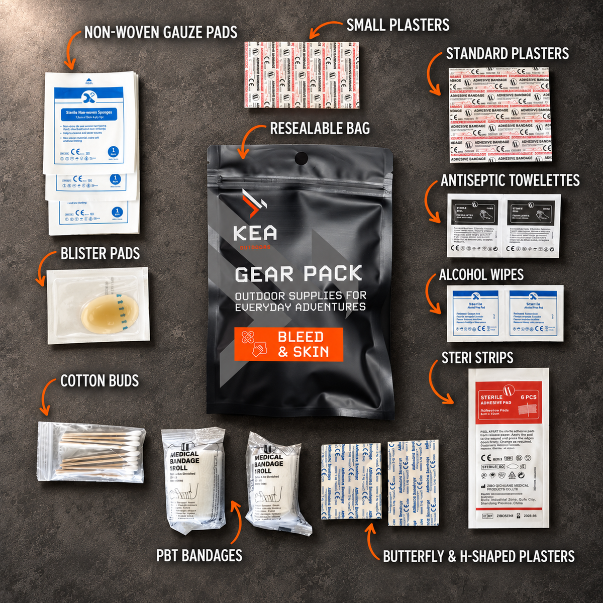 KEA Bleed and Skin Pack contents flat lay with labelled items on an industrial grey surface