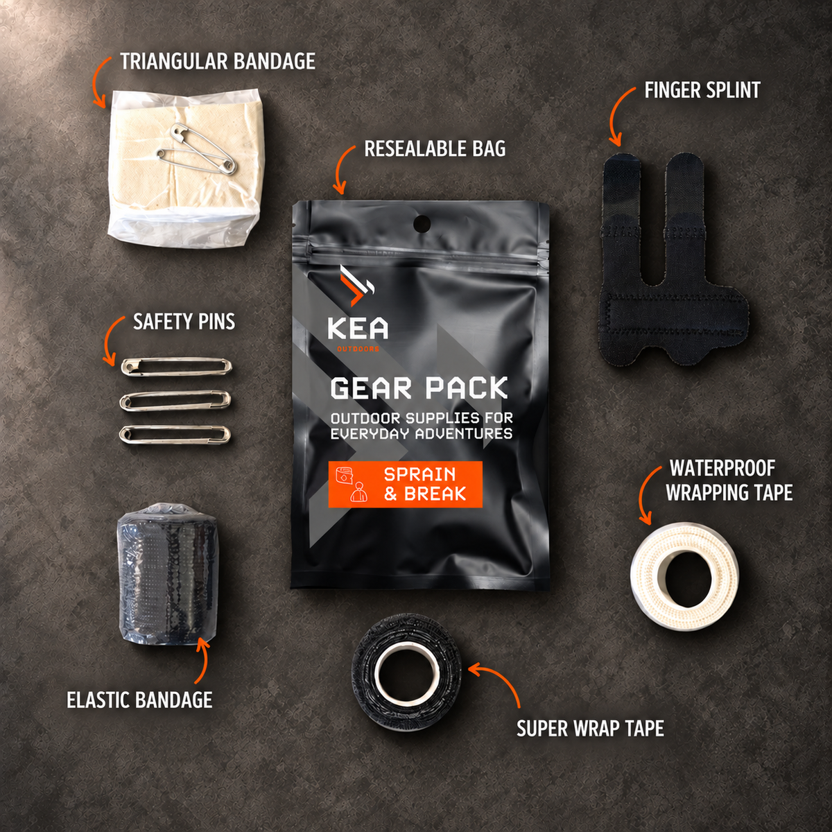 KEA Sprain and Break Pack contents flat lay with labelled items on an industrial grey surface